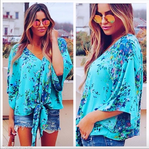 RESTOCKEd! Turquoise waters Tie Kimono Blouse - Picture 2 of 7